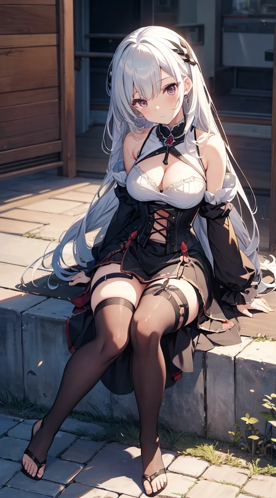 anime: style image of a woman wearing a navel corset dress in dress, cute anime waifu with a nice dress add_detail:1, seductive anime girl, , cushart krenz art key women, from the video game azur lane, Azure Lane Style, anime girl in a black dress, trend on artstation pixiv, red pupils, White hair, good figure add_detail:1, sitting on a french ledge add_detail:1, vist body asoleto, barefoot,