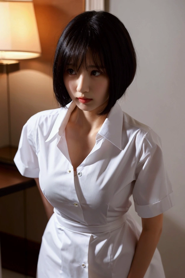 30 years old、Short black hair、Her chest is too big and her dress shirt is too tight