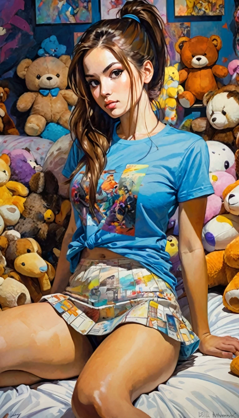 girl with long brown hair tied in a ponytail, miniskirt, blue t-shirt, sexy, in her bed next to many stuffed animals, (art inspired by Bill Sienkiewicz, intricate details, oil painted )
