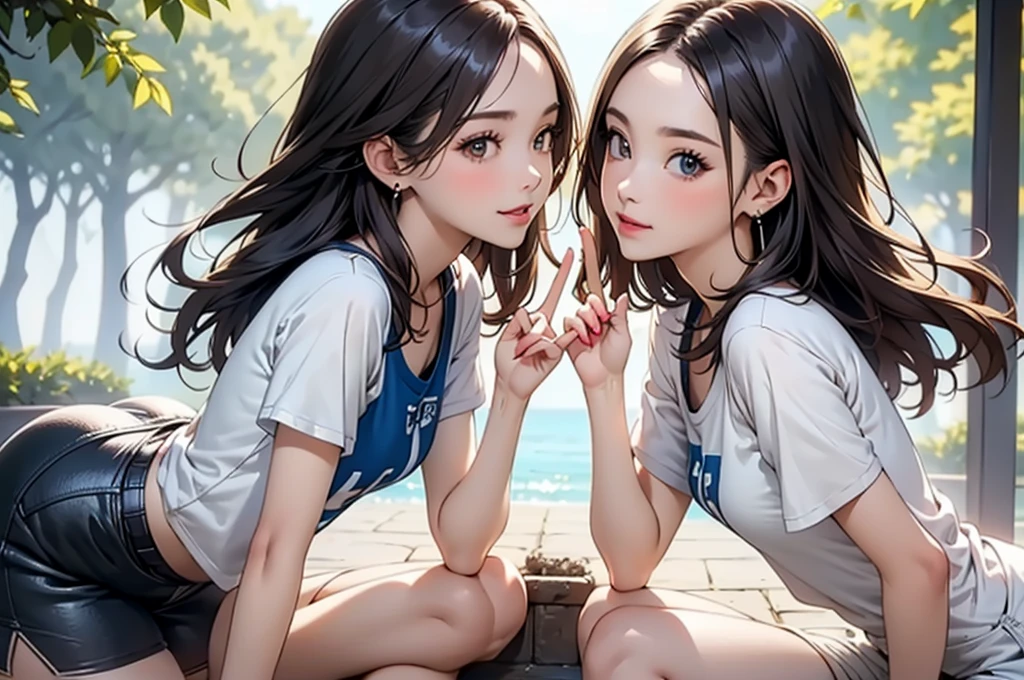 NSFW,(Natural finger shape:1.5),4K,masterpiece,((Focus on the face)),((Symmetrical facial features)),Eye for detailed depiction,Beautiful woman,Excellent style,Beautiful feet,(Small Ass,Thin thighs),Facial detailing,Small earrings,((T-Shirts、hot pants)),A park with lush greenery in the early morning,(soft exercise),blue blonde,Close-up photo of the upper body,Two women lesbian play