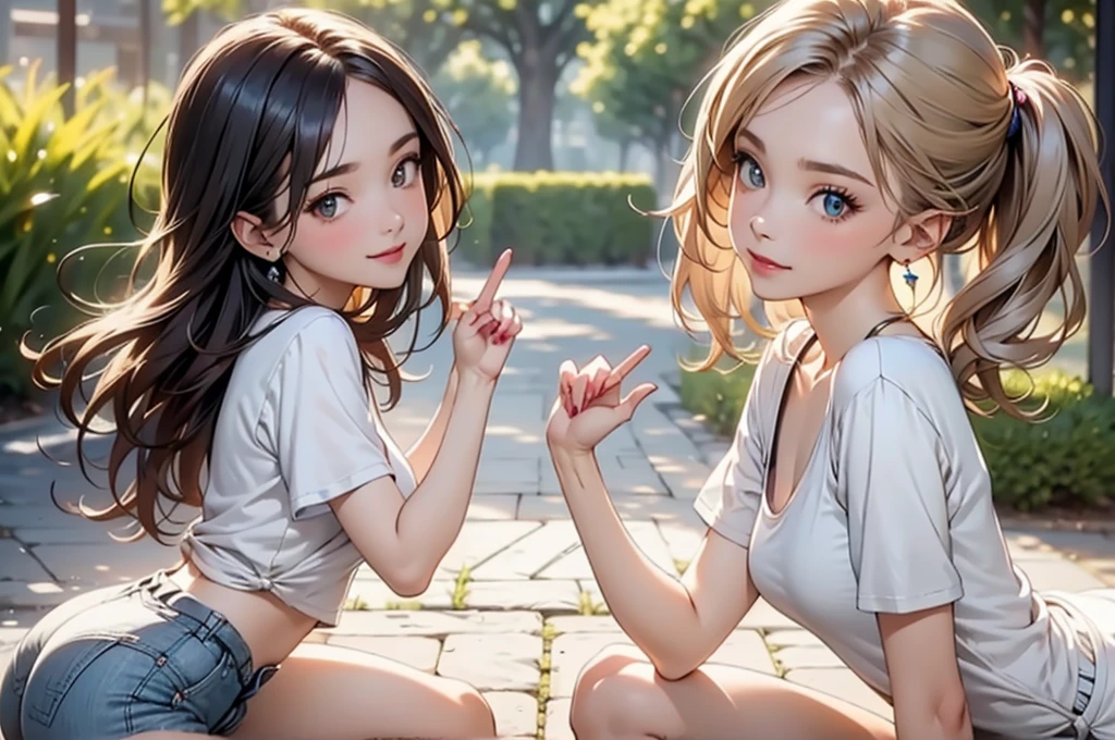 NSFW,(Natural finger shape:1.5),4K,masterpiece,((Focus on the face)),((Symmetrical facial features)),Eye for detailed depiction,Beautiful woman,Excellent style,Beautiful feet,(Small Ass,Thin thighs),Facial detailing,Small earrings,((T-Shirts、hot pants)),A park with lush greenery in the early morning,(soft exercise),blue blonde,Close-up photo of the upper body,Two women lesbian play