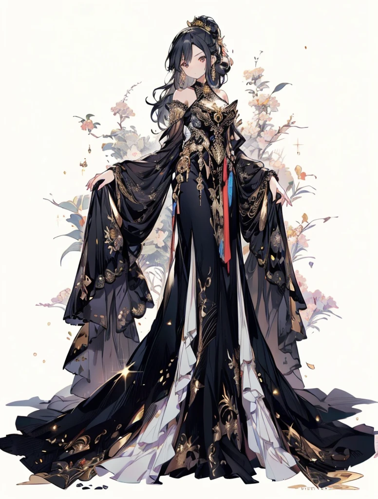 Ultra-realistic photo of a girl in a majestic black and gold black ball gown dress,Big beautiful dress, ((sailormoon)), Complex puffy ball gown with lots of frills and rhinestones (Best Quality, masutepiece, art  stations, Fantasy Art:1.2), Palace rooms, Beautiful cute girl, (long white hair:1.1), (Complex short gold skirt, Bare legs:1.2, Full body shot)