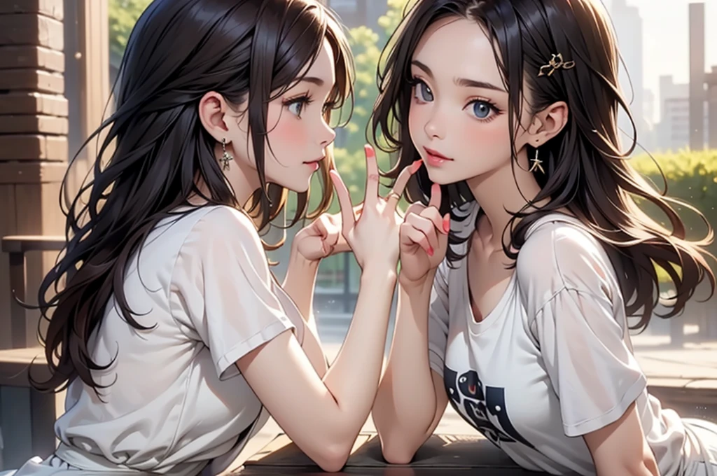 NSFW,(Natural finger shape:1.5),4K,masterpiece,((Focus on the face)),((Symmetrical facial features)),Eye for detailed depiction,Beautiful woman,Excellent style,Beautiful feet,(Small Ass,Thin thighs),Facial detailing,Small earrings,((T-Shirts、hot pants)),A park with lush greenery in the early morning,(soft exercise),blue blonde,Close-up photo of the upper body,Two women lesbian play