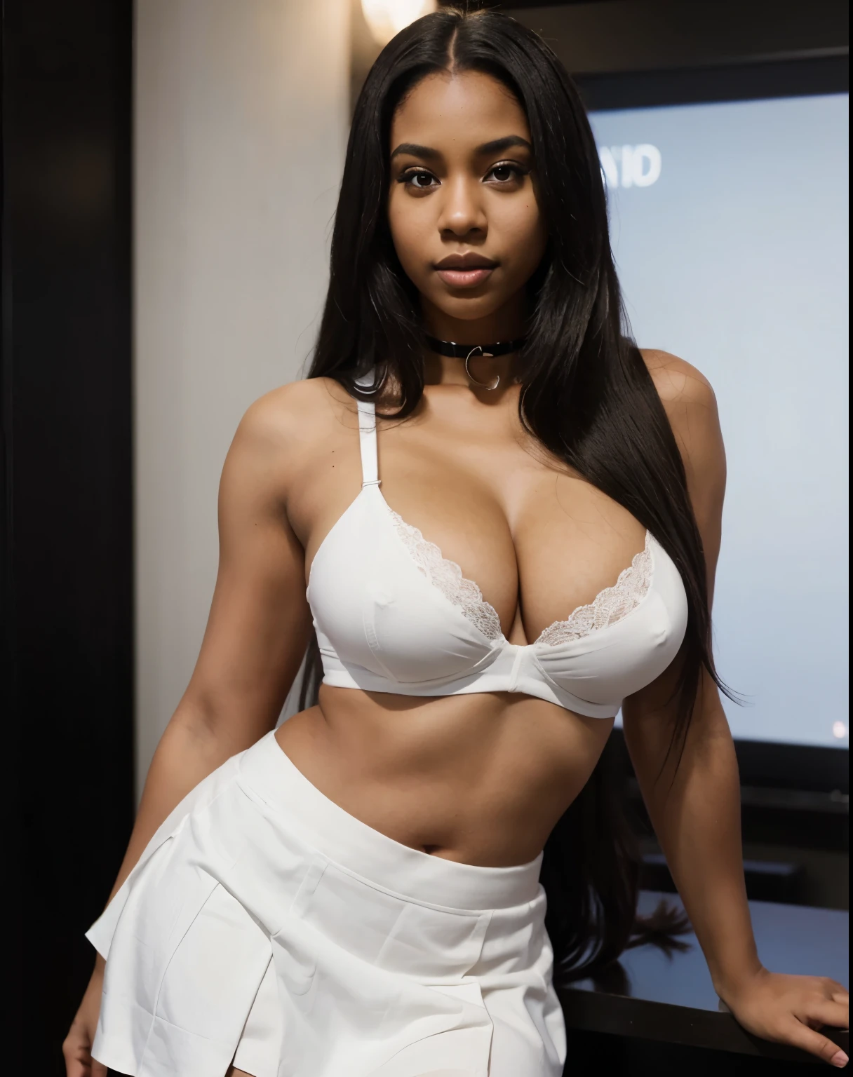 Mixed black ethnicity, curvy girl, long straight hair, sexy white skirt, short skirt, bra, sexy pose, club