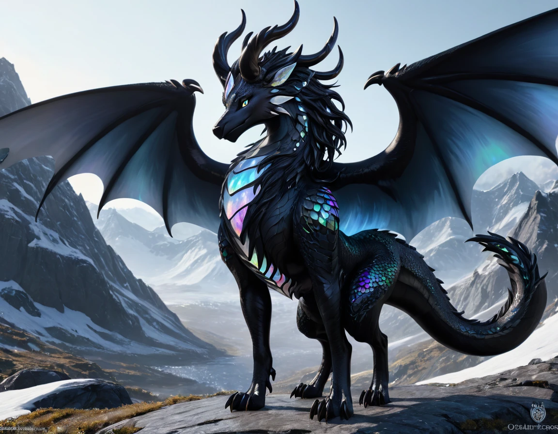 full body portrait of a realistic female obsidian dragon, black ral-opal scales, white opal eyes, wolf head, huge, long body, wings, many horns, horns, antlers, twisting horns, curled horns, wolf shaped head, opalescent scales, white eyes, mysterious mountain scenery, full body, cinematic, render, 8k, unreal engine, realistic, masterpiece, high detail, full body, low life, extremely intricate, extreme detail, volumetric lighting