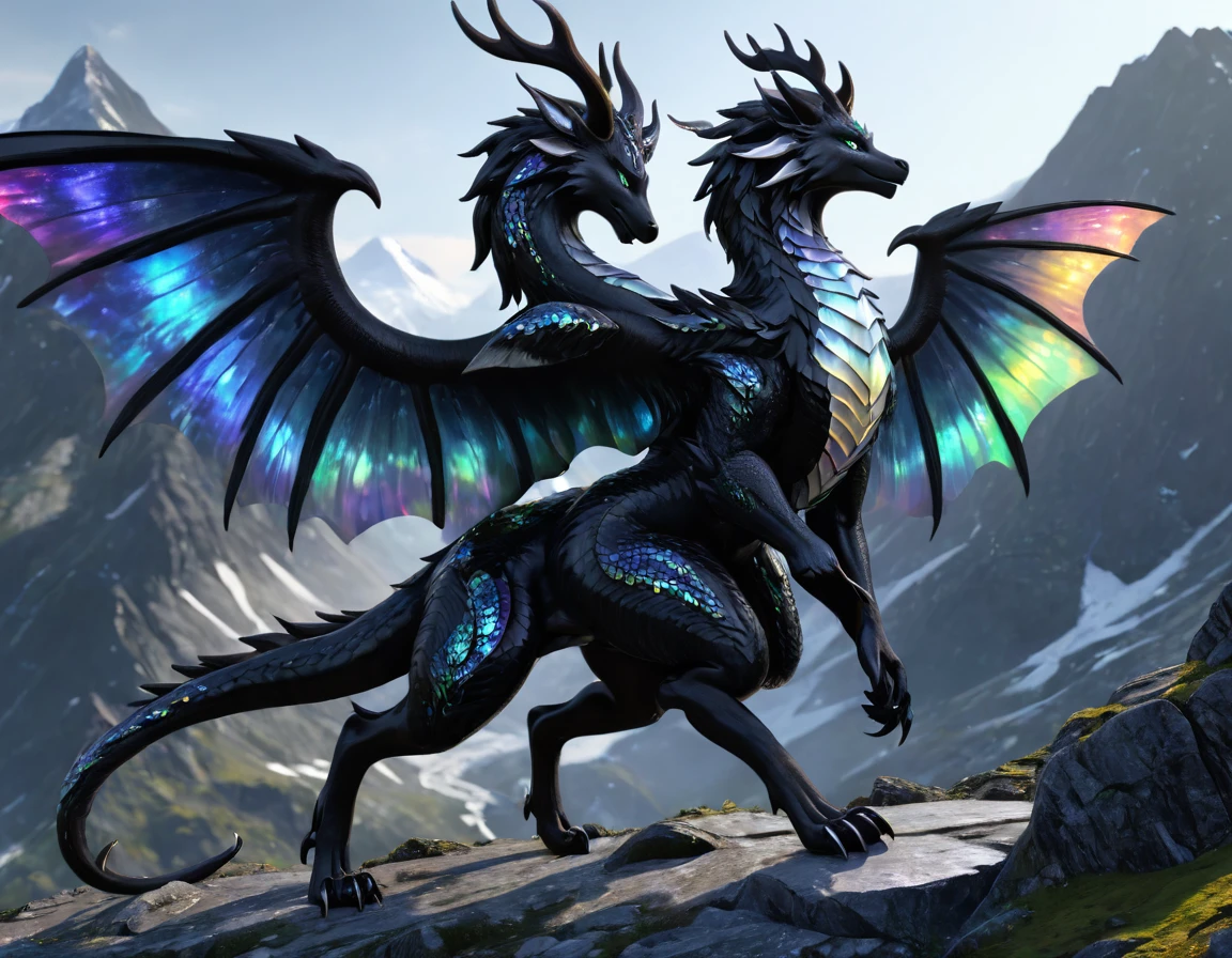 full body portrait of a realistic female obsidian dragon, black ral-opal scales, white opal eyes, wolf head, huge, long body, wings, many horns, horns, antlers, twisting horns, curled horns, wolf shaped head, opalescent scales, white eyes, mysterious mountain scenery, full body, cinematic, render, 8k, unreal engine, realistic, masterpiece, high detail, full body, low life, extremely intricate, extreme detail, volumetric lighting