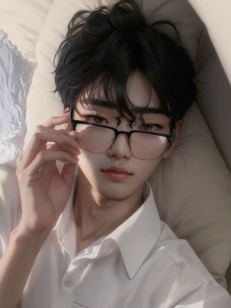 un primer plano de una persona With glasses recostada en una cama, kim doyoung, jinyoung shin, With glasses, wicked ulzzang, cai xukun, In square frame glasses, Jung Jaehyun, thick frame glasses, inspired by jeonseok lee, WITH BLACK LENSES, Yanjun Chengt, inspired by Zhang Han, thin face, profile picture, shin jeongho, Yeonjun, Yeonjun txt, TOMORROW X TOGETHER YEONJUN. 