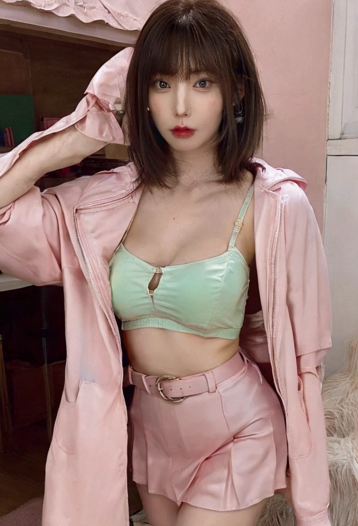 (Day),School,classroom, Windows, Dynamic pose, Upright immobile posture, Pink pencil skirt, Pink jacket,belt, jewelry,Earrings, bangs,Long Hair,Brown Hair,Green Eyes, ,1 Girl, Age 35,woman,Beautiful long legs,Beautiful body, Beautiful Nose,Beautiful character design, Perfect eyes, Perfect face,Expressive eyes,Perfect balance, View your viewers,Mouth closed,underwear,lingerie
