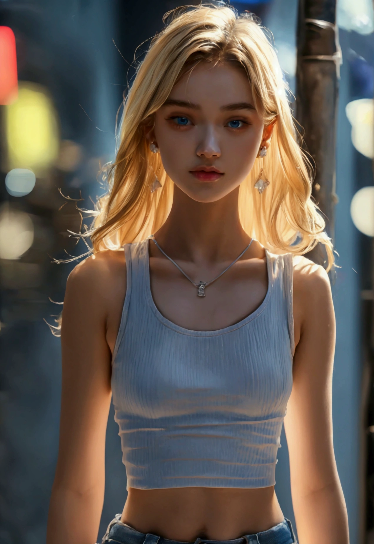 最gute Qualität, 8K, maSterpiece: 1.3, Ultra HD, gute Qualität, 最gute Qualität, High reSolution, realiSm)) 、(high color Saturation:1.0), (highly detailed Skin), (最gute Qualität:1.0), (超High reSolution:1.0) ,(realiStic:1.0), (Super detailliert:1.0), (8K, RAW-Foto:1.1), full body shot of a girl, blond, (shoulder length hair), earrings, body, small round breasts, (white tank top), low waist pants, cute face, wearing makeup, 13 yearing, posing, (tight white tank top), skinny legs, slender, tight blue jeans, skinny blue jeans, (blue jeans), (((full body picture1.2))), full body shot, long tight jeans