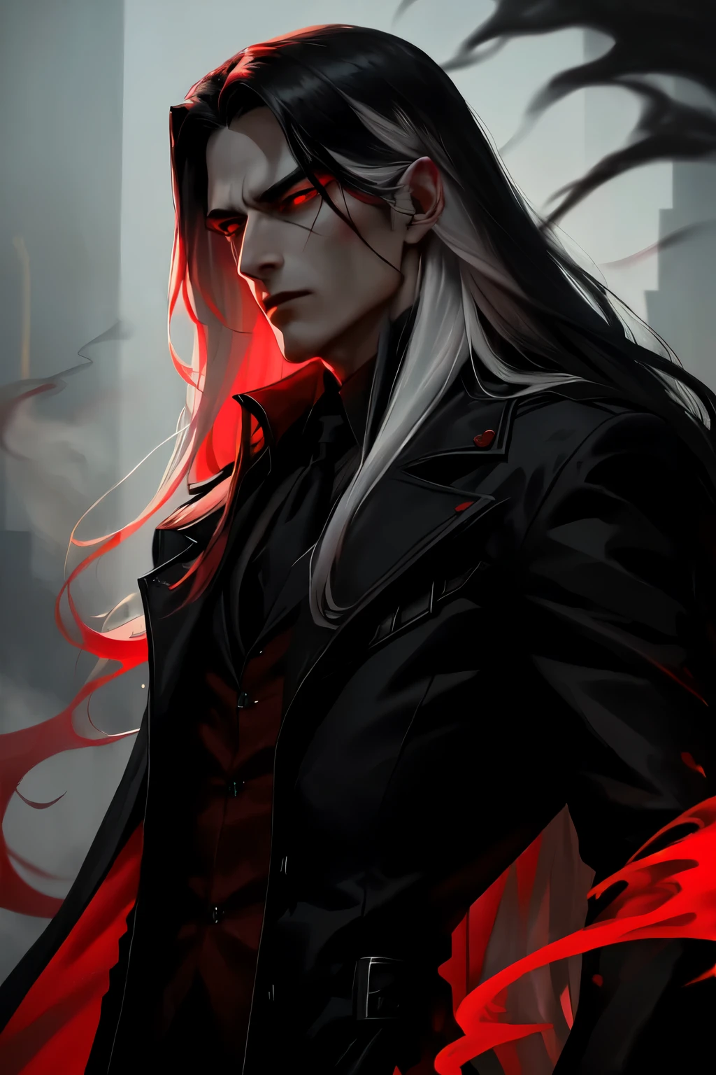 (((Long hair))), Vampire, One handsome young man of 30 years old ((thin body)), ((long white straight hair)), ((red eyes)), ((black trench fabric coat)), He wears a dark suit, consisting of black pants, a black cloak, a black shirt, and a black coat, which adds to his mysterious allure, (black shirt), an evil serious concentrated expression on his face, thin eyebrows, long eyelashes, serious thin face, a straight nose, (red smoke everywhere)