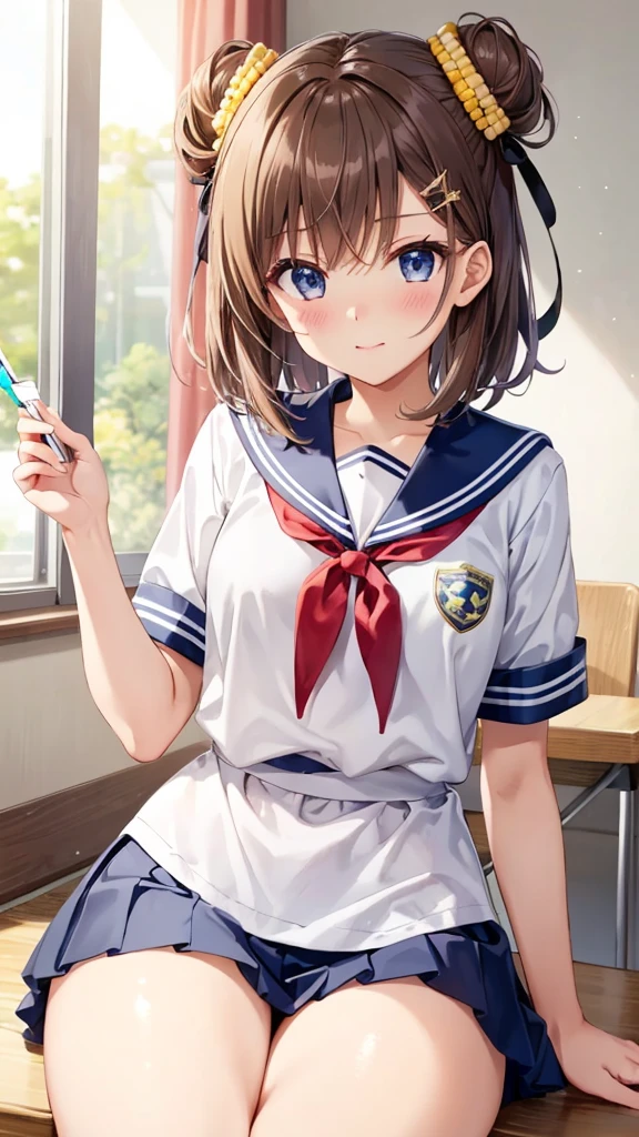 {{{masterpiece}}}, {{{Highest quality}}}, {{Super detailed}}, {figure}, {{Very delicate and beautiful}}, (Beautiful attention to detail:1.6), Highly detailed face, 8K, Anime Face, break, Kasumi Toyama(Band Dream!), Cute face, Brown Hair, Corn Hair Bun, Star hair ornament, Medium chest, Narrow waist, Big Hips, Curvaceous, {school uniform}, {Hanasakigawa Girls&#39; High School Uniform(Winter clothes)}, Neck ribbon, Red ribbon, Brown dress, White sailor collar, Brown shirt, Double-breasted, Long sleeve, Brown Skirt, Black socks, loafers, Brown footwear, break, smile, Outdoor, wood, Falling petals, cherry blossoms, Daytime, In front of the school gate, Outstretched arms, Open your mouth, Under the sunlight , From below, null、（nsfw1.3）