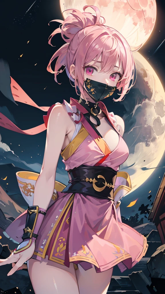 Best quality, Ultra detailed, best quality, insanely detailed, beautiful, masterpiece, 8k, 
break  
(full moon:1.2),  red moon, eye on moon, 
break 
1lady, solo, pink hair, (short hair:1.2), (topknot:1.0), yellow ribon ,ultra deltailed iris, red eyes, ultra detailed eyes, eyes in tripple pattern, kunoichi wear, (pink wear:1.2),  (no pattered wear:1.2) ,(yellow colored skirf on neck covering mouth:1.2),
Break
Upper body, from front,  nsfw,tareme,