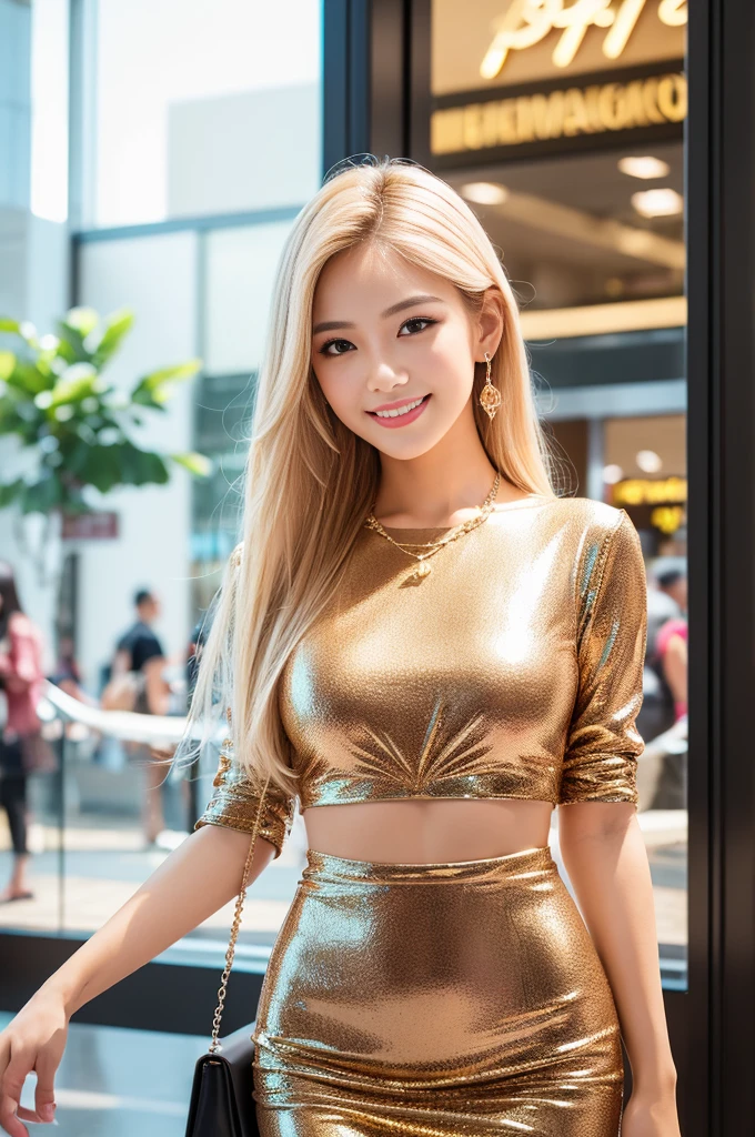 (best quality, 4k ,8k, highres, masterpiece:1.2), ultra-detailed, (realistic, photorealistic, photo-realistic:1.37), closeup, beautiful Thai woman, (slim girl), (happy smile), long lashes, beautiful makeup, platinum blonde hair, fair skin, slender figure, elegant posture, wearing large sparkling colorful jewelery, wearing a business style leather dress, standing in a large shopping mall, gentle sunlight shining through the shopping mall windows, casting a soft glow on her face, adding warmth to the scene, vibrant colors, capturing the essence of vibrant city life, portrait style, showcasing her natural beauty and grace in a feminine way