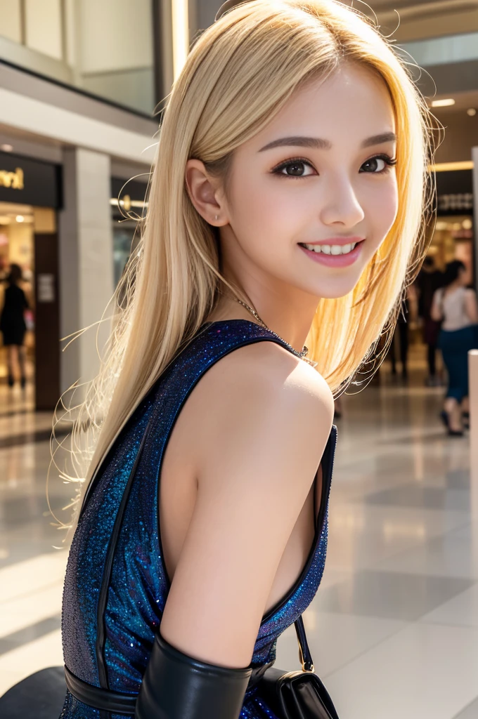 (best quality, 4k ,8k, highres, masterpiece:1.2), ultra-detailed, (realistic, photorealistic, photo-realistic:1.37), closeup, beautiful Thai woman, (slim girl), (happy smile), long lashes, beautiful makeup, platinum blonde hair, fair skin, slender figure, elegant posture, wearing large sparkling colorful jewelery, wearing a business style leather dress, standing in a large shopping mall, gentle sunlight shining through the shopping mall windows, casting a soft glow on her face, adding warmth to the scene, vibrant colors, capturing the essence of vibrant city life, portrait style, showcasing her natural beauty and grace in a feminine way