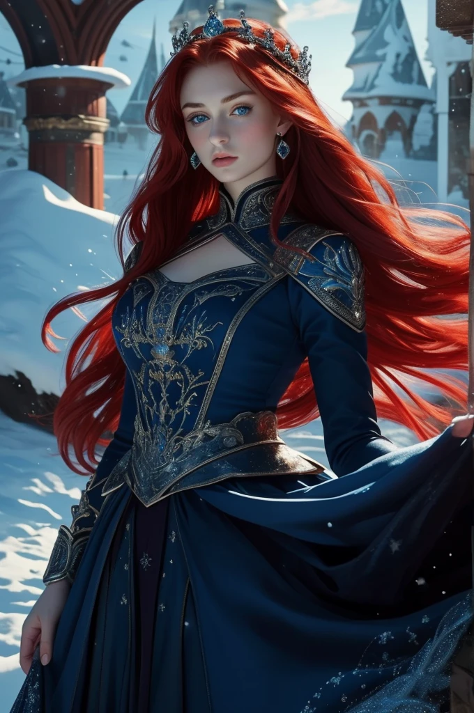 16 year old Sophie Turner, ultra detailed face, ultra detailed blue eyes, long red hair, (dress, long skirt), crown, winter, (((masterpiece)))