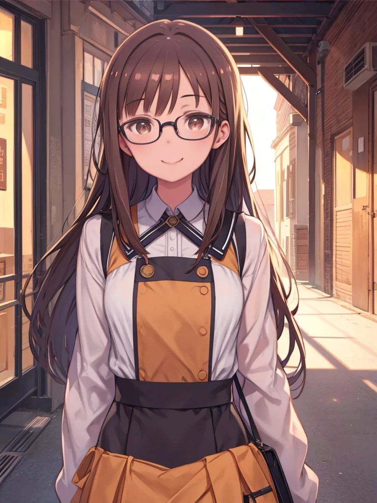 1 female、Brown Hair、Brown eyes、Highest quality、Very detailed、8 Resolution、RAW Photoasterpiece、Perfect body、High resolution、Highest quality、Detail view、Vibrant colors、Lure、smile、Long Hair、Black-rimmed glasses、Fascinating Bib、Western-style building