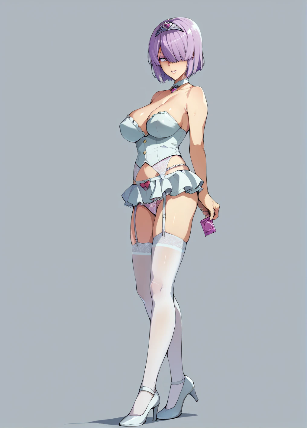 Belt、front、Ultra-detailed illustrations、Ultra-precise expression、masterpiece、Highest quality、ultra High resolution、High resolution、Hiromitsu Takeda Style、Angle from the side、White background、Simple Background、Character portrait、One girl、solo、Mash Kyrielight、light purple hair,short hair,hair over one eyes、Wedding dress、Heart Tiara、White high heelini skirt、White tights、Frill Pantier belt、
