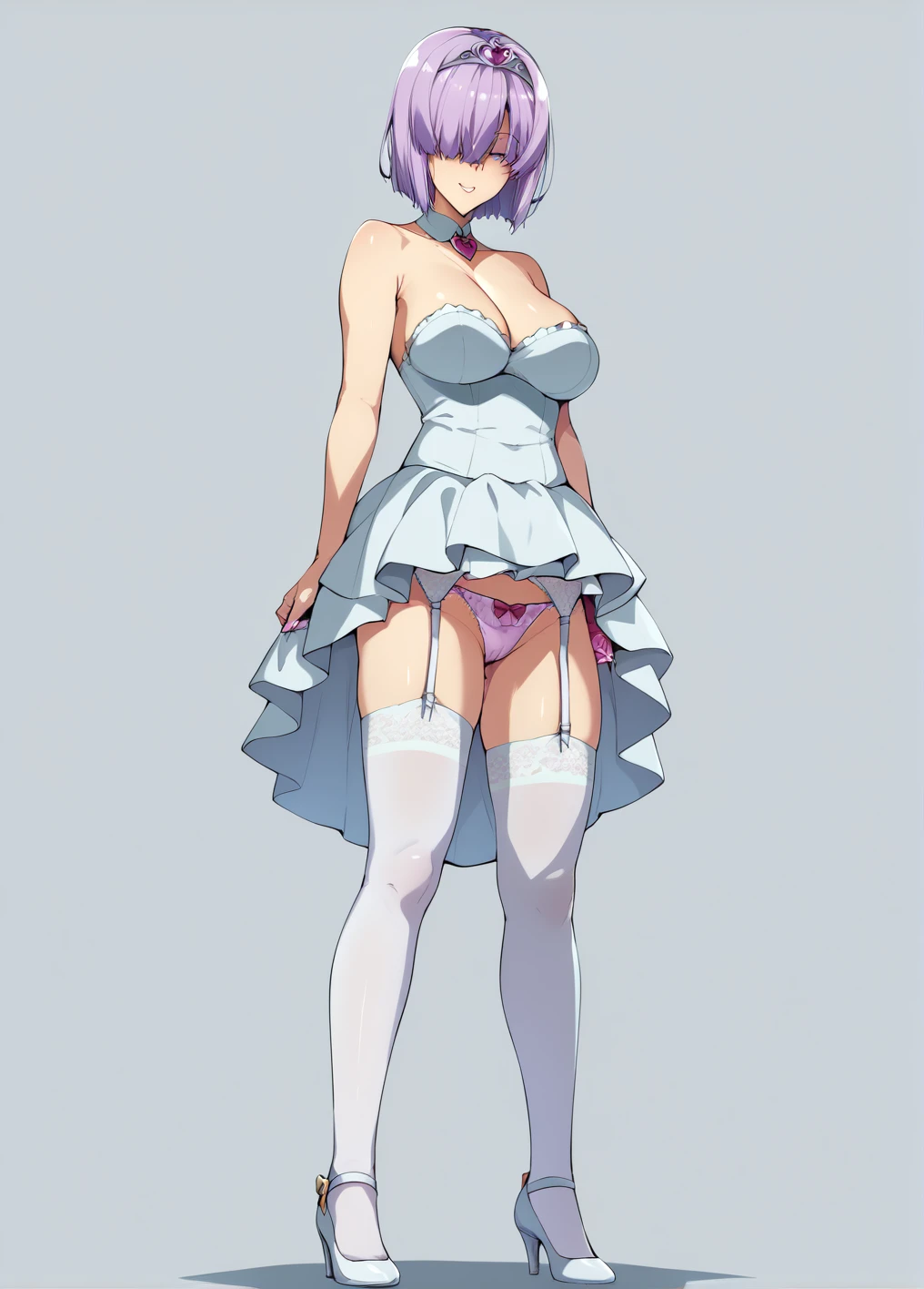 Condom Belt、front、Ultra-detailed illustrations、Ultra-precise expression、masterpiece、Highest quality、ultra High resolution、High resolution、Hiromitsu Takeda Style、Angle from the side、White background、Simple Background、Character portrait、One girl、solo、Mash Kyrielight、light purple hair,short hair,hair over one eyes、Wedding dress、Heart Tiara、White high heelini skirt、White tights、Frill Panties、garter belt、
