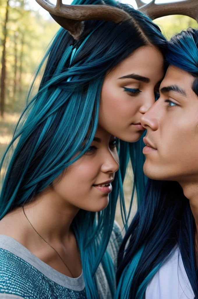 A girl with dark blue hair and blue eyes kissing a boy with turquoise hair and deer antlers.