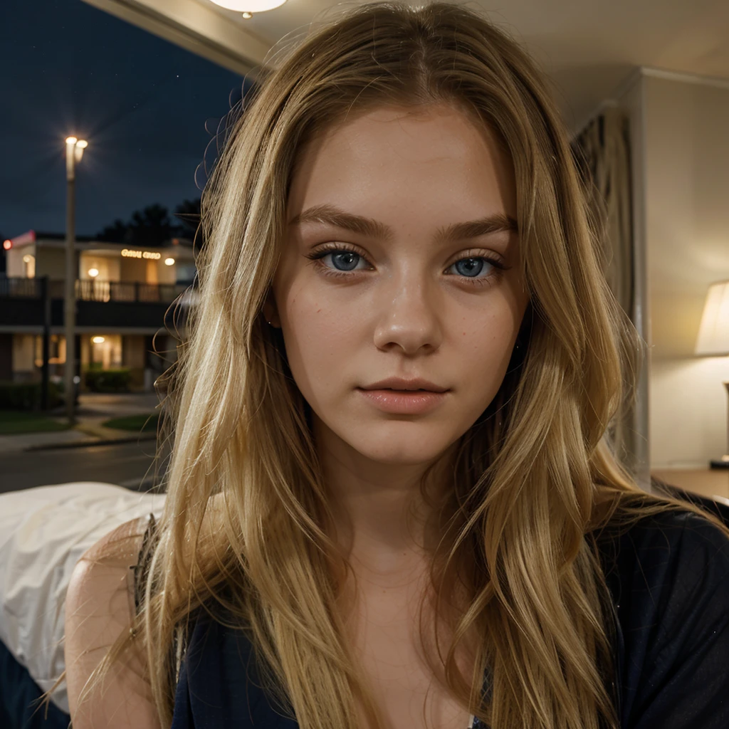long hair, blonde, 20 year old, blue eyes, delicate face, fashionable, motel, night