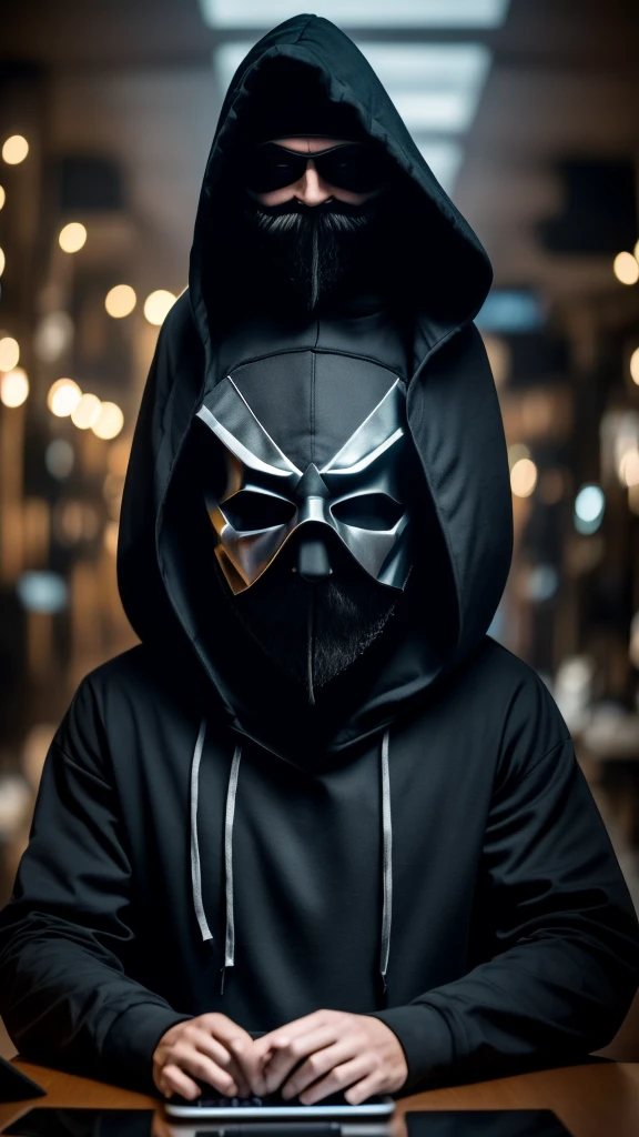 "A hacker with a mysterious aura, wearing a Guy Fawkes mask typical of the Anonymous group. The background should be a dark room lit by several computer screens displaying lines of code and digital graphics. The figure is dressed in a dark hoodie, with the hood up, and is sitting at a messy table full of high-tech gadgets. A dim light casts a shadow, adding to the enigma and intensity of the scene. The overall atmosphere should be secretive and high-tech, emphasizing the topic of investigation and cybersecurity."