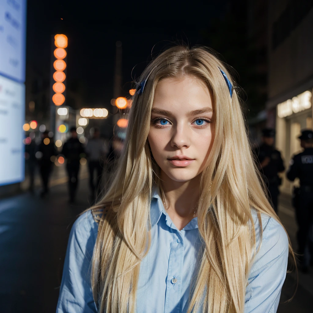 long hair, blonde, 20 year old, blue eyes, delicate face, fashionable, police, night