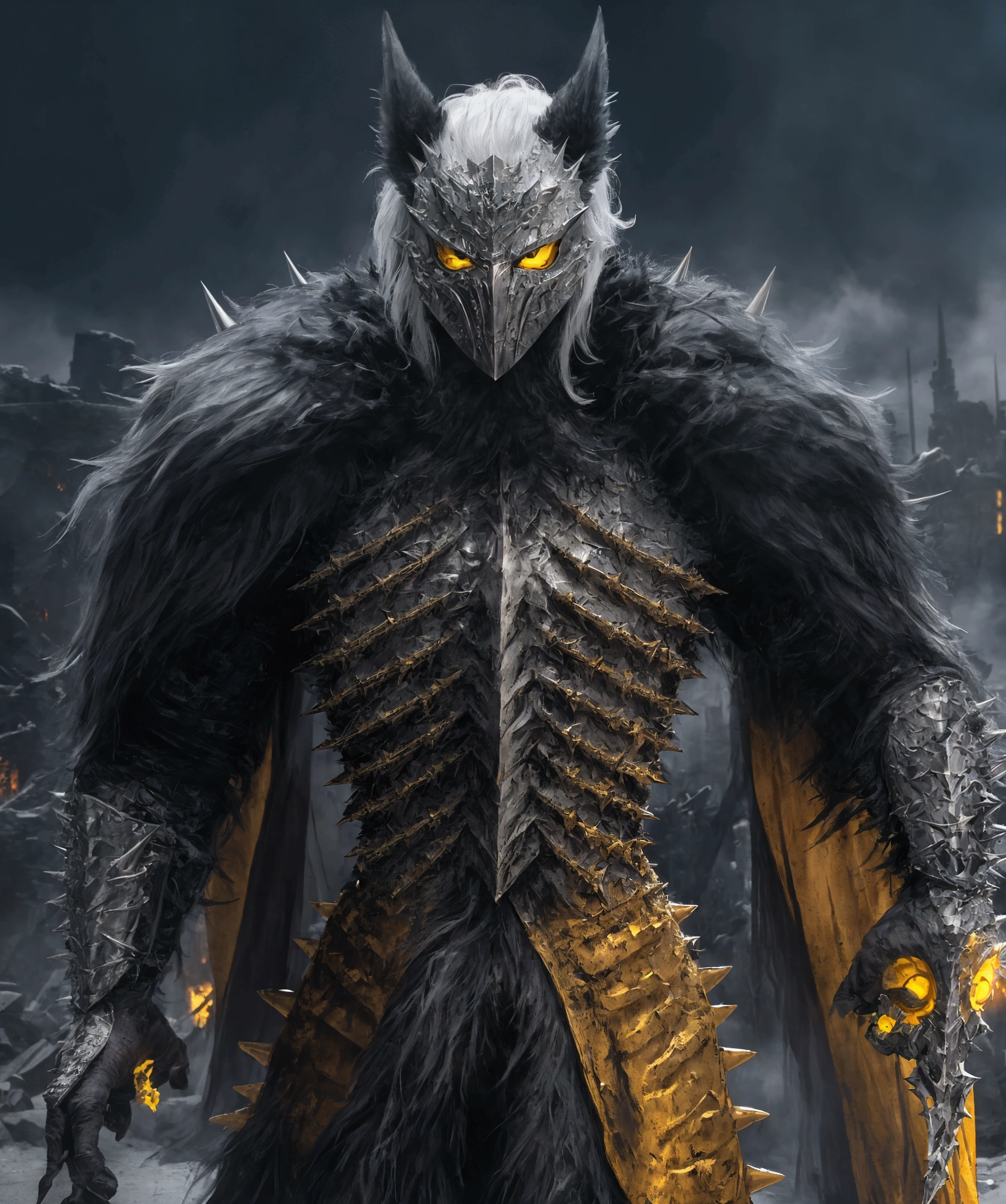 (extremely detailed 8k wallpaper), a medium shot photo of Grim dressed as a scary masked silver and yellow furry-supervillain in a sliver and yellow spiked armour made of fur glowing armour with spikes from marvel, theme, intricate, high detail, dramatic, furry monster and destroyed buildings in the background