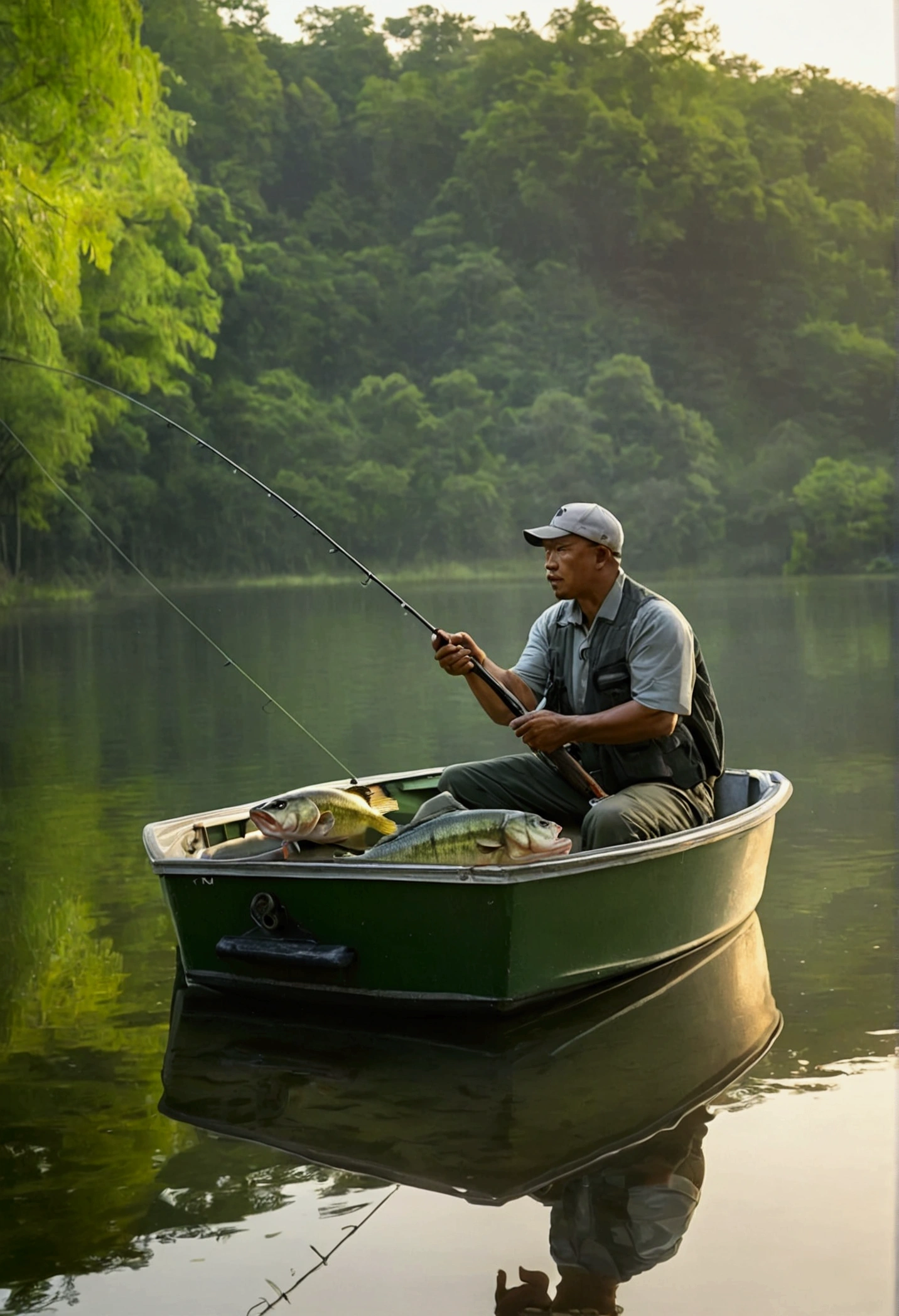 Medium large mouth bass fish in a calm lake、There is a man fishing in a boat.