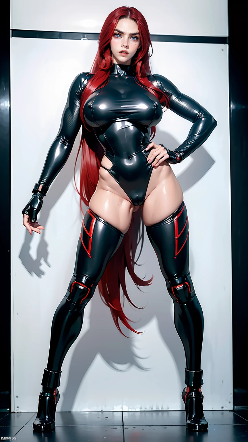 (beautiful girl:1.25), (megan fox:1.25), (large fake breasts:1.45), (young bodybuilder girl wearing cybernetic muscle suit:1.25), carnage muscular physique, seductive face, mouth wide open carnage style, long red hair, perfect muscular body, super skinny legs, sissy, , (full body view:1.25),