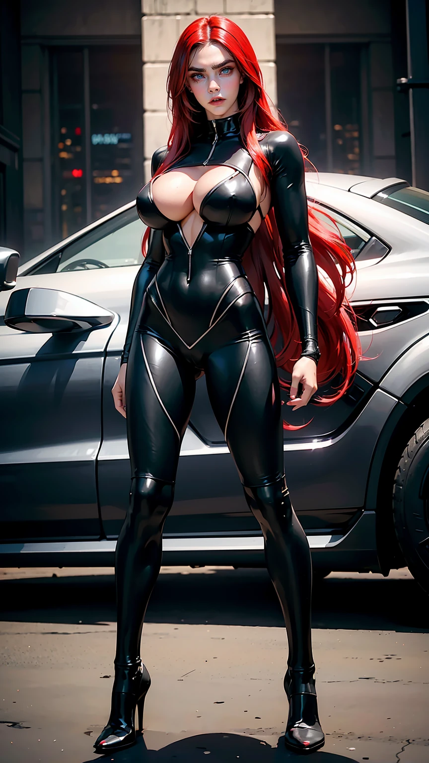 (beautiful girl:1.25), (megan fox:1.25), (large fake breasts:1.45), (young bodybuilder girl wearing cybernetic muscle suit:1.25), carnage muscular physique, seductive face, mouth wide open carnage style, long red hair, perfect muscular body, super skinny legs, sissy, femboy, (full body view:1.25),