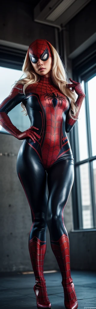 The actress Nata Lee as  the female version of Spiderman, perfect curves,m, extremely smooth curves, underneath view angle 