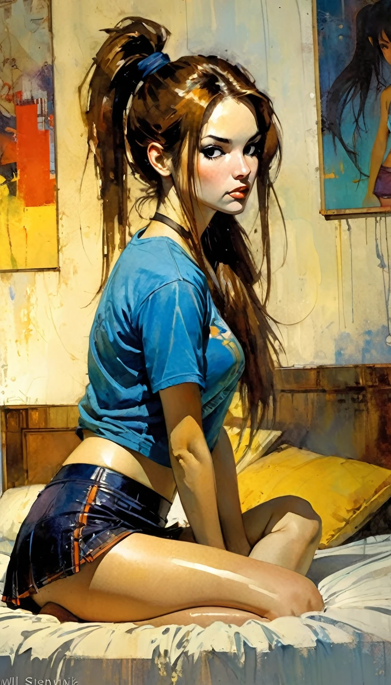 girl with long brown hair tied in a ponytail, miniskirt, blue t-shirt, sexy, in her bed, (art inspired by Bill Sienkiewicz, intricate details, oil painted )
