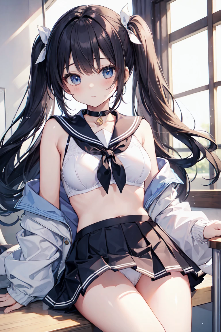White Sailor Suit、Black mini skirt、white panties、White Bra