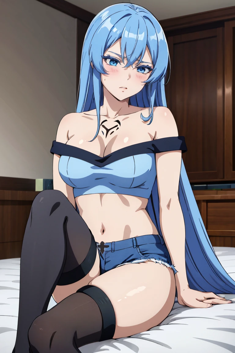 (artwork, best quality) a girl with long blue messy hair, blue eyes, blue eyelashes, blue denim mini shorts, long black tights, off the shoulder top, sitting, tattoo, big , perfect body, 4k hd, upset, blushing, in a room