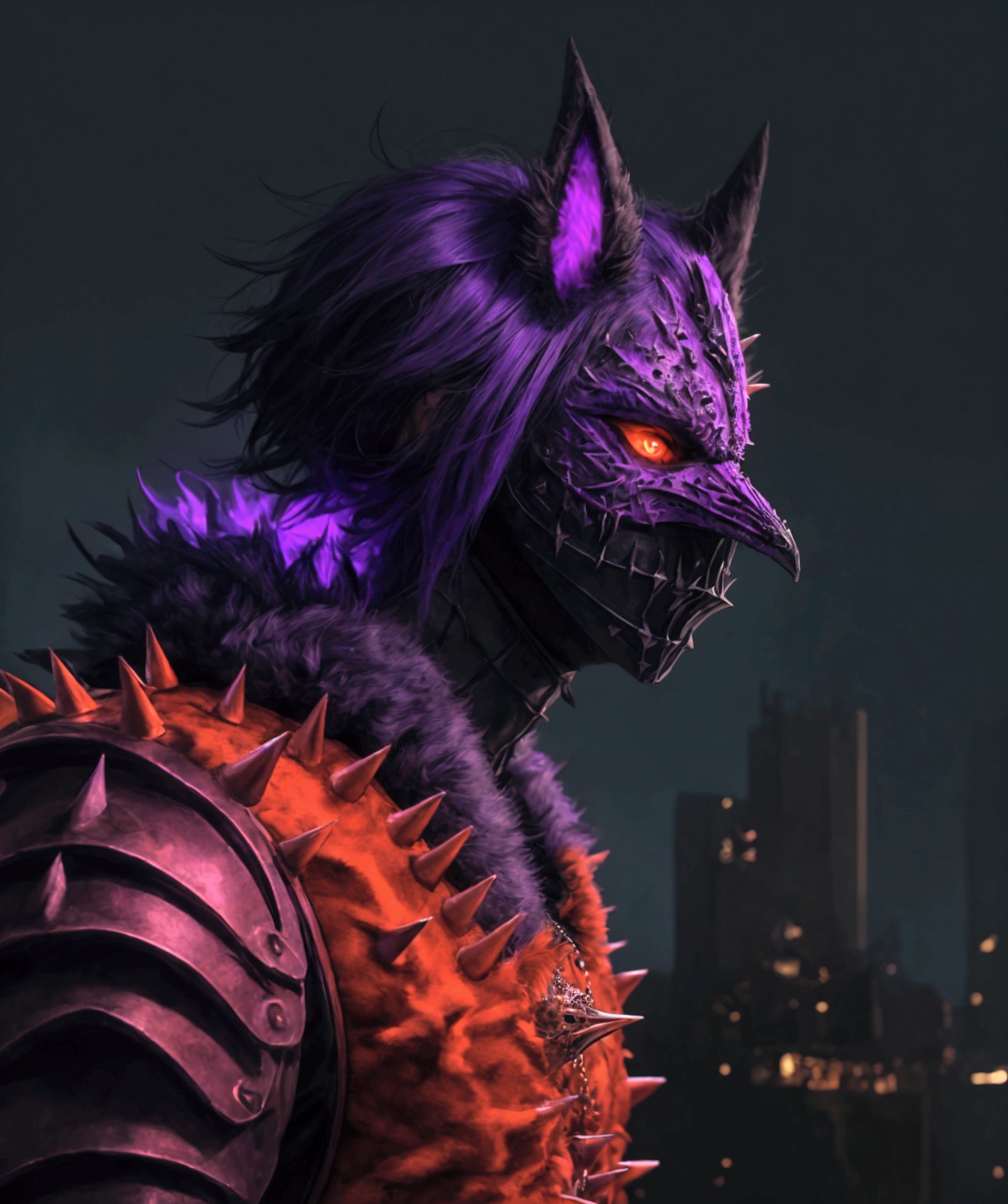 (extremely detailed 8k wallpaper), a medium shot photo of  Grim dressed as a scary masked orange and purple furry-supervillain in a orange and purple spiked armour made of fur glowing armour with spikes from marvel, theme, intricate, high detail, dramatic, furry monster and destroyed buildings in the background