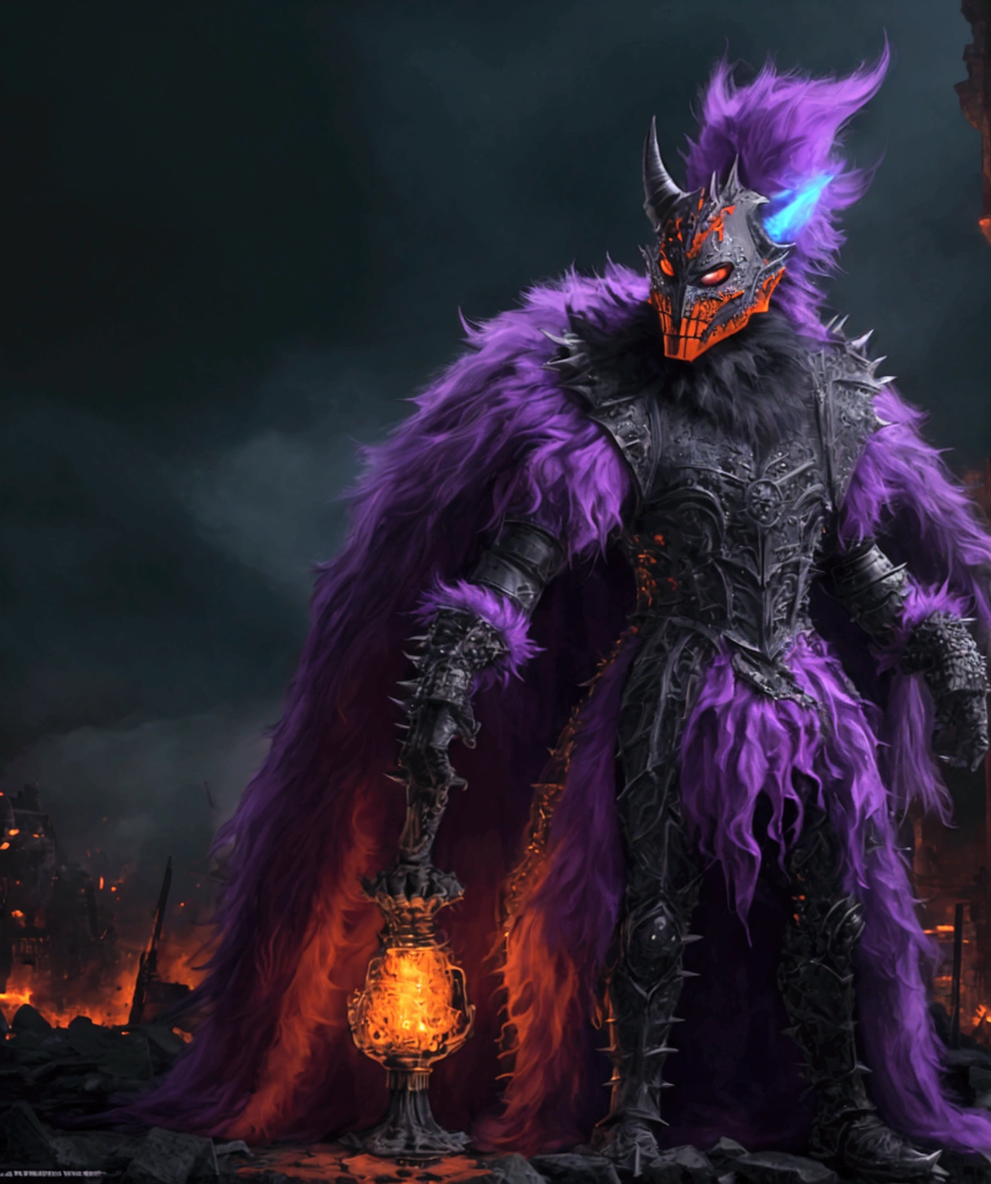 (extremely detailed 8k wallpaper), a medium shot photo of  Grim dressed as a scary masked orange and purple furry-supervillain in a orange and purple spiked armour made of fur glowing armour with spikes from marvel, theme, intricate, high detail, dramatic, furry monster and destroyed buildings in the background