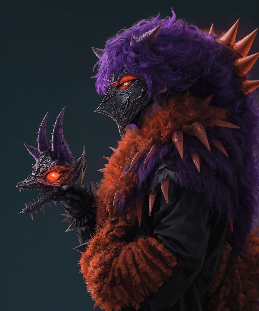 (extremely detailed 8k wallpaper), a medium shot photo of Grim dressed as a scary masked orange and purple furry-supervillain in a orange and purple spiked armour made of fur glowing armour with spikes from marvel, theme, intricate, high detail, dramatic, furry monster and destroyed buildings in the background