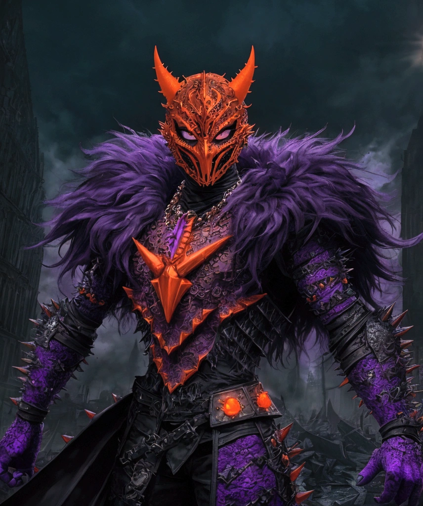 (extremely detailed 8k wallpaper), a medium shot photo of Grim dressed as a scary masked orange and purple furry-supervillain in a orange and purple spiked armour made of fur glowing armour with spikes from marvel, theme, intricate, high detail, dramatic, furry monster and destroyed buildings in the background