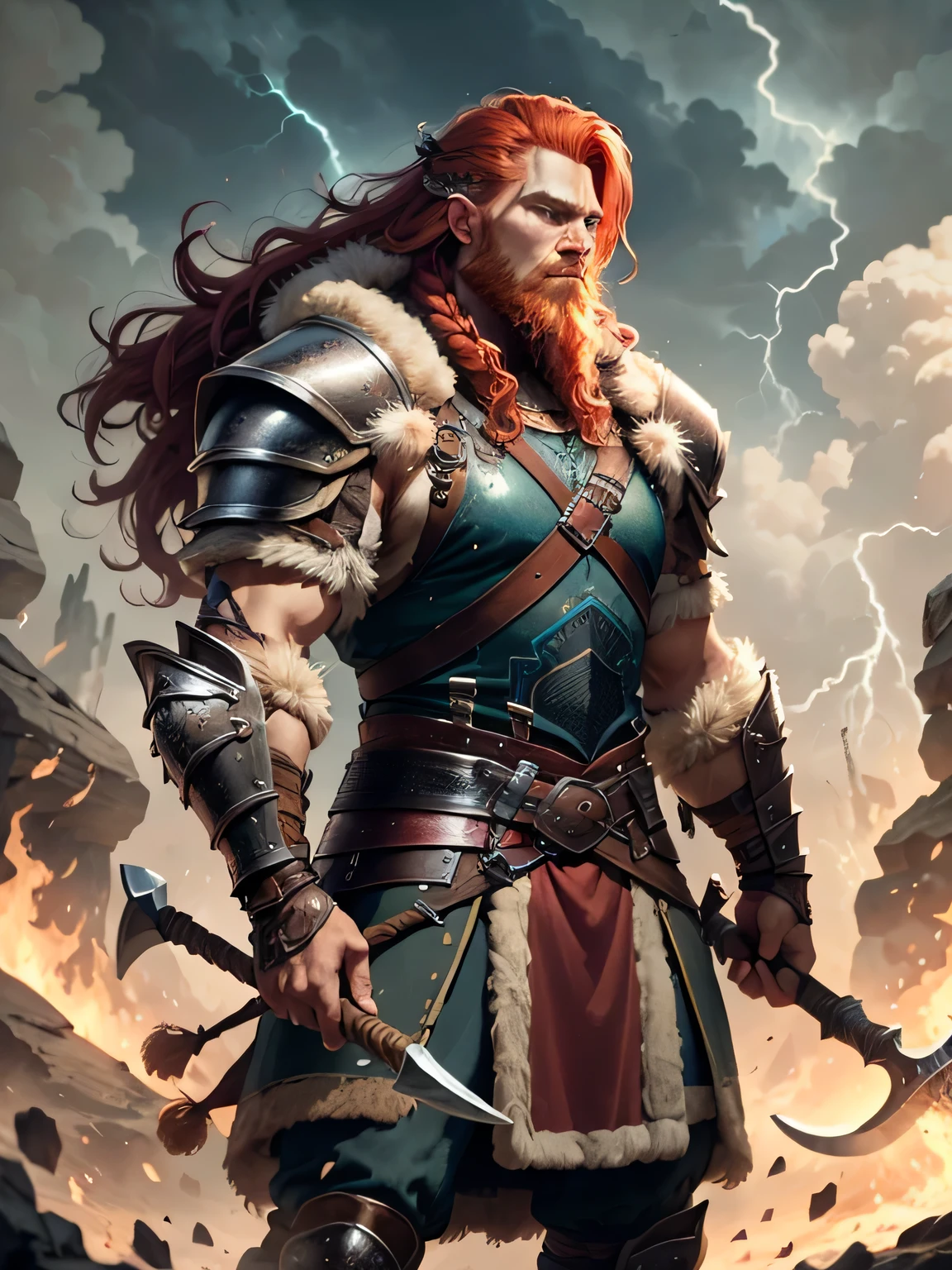 create a red-haired, animal skin-wearing, fierce Viking, ::braids, long beard, fur armor, thunder, full armor, axe, strong, viking