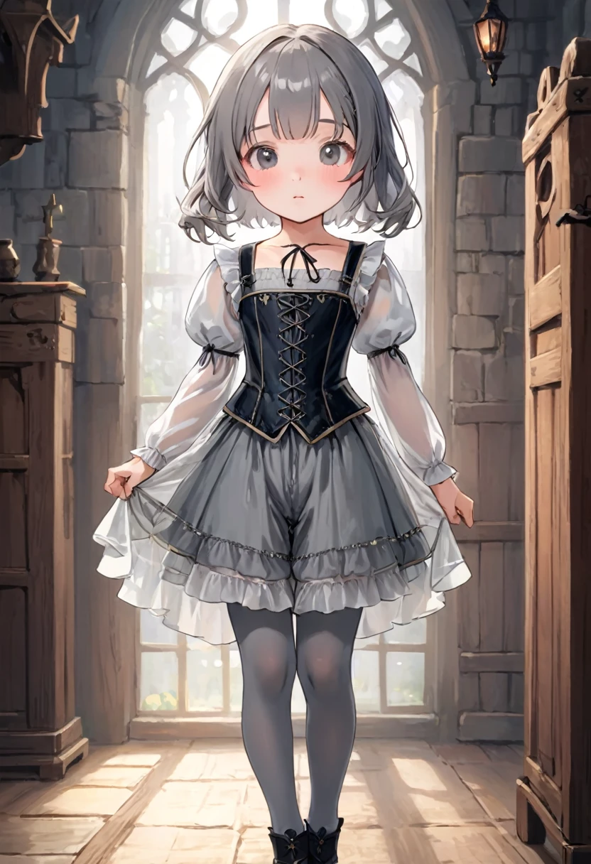 8 year old medieval girl, underwear姿、Translucent knee-length bloomers（underwear）wear、wear a semi-transparent corset、Translucent slip, Grey translucent tights