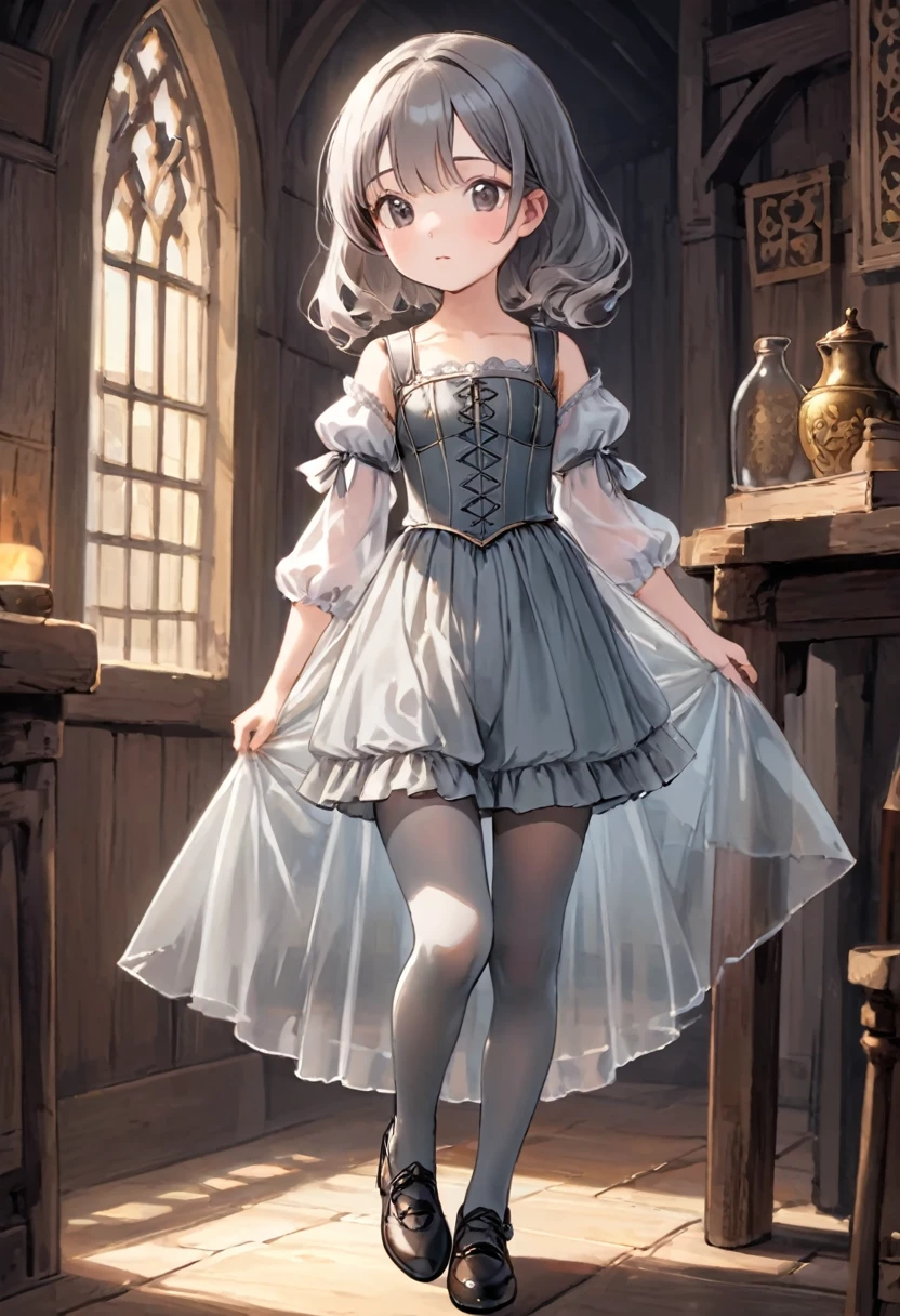 8 medieval girl, underwear姿、Translucent knee-length bloomers(underwear)wear、wear a semi-transparent corset、Translucent slip, Grey translucent tights