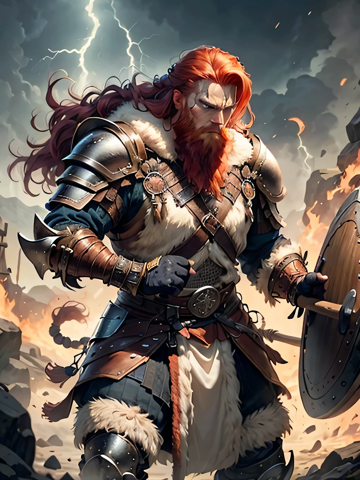 create a red-haired, animal skin-wearing, fierce Viking, ::braids, long beard, fur armor, thunder, full armor, axe, strong, viking