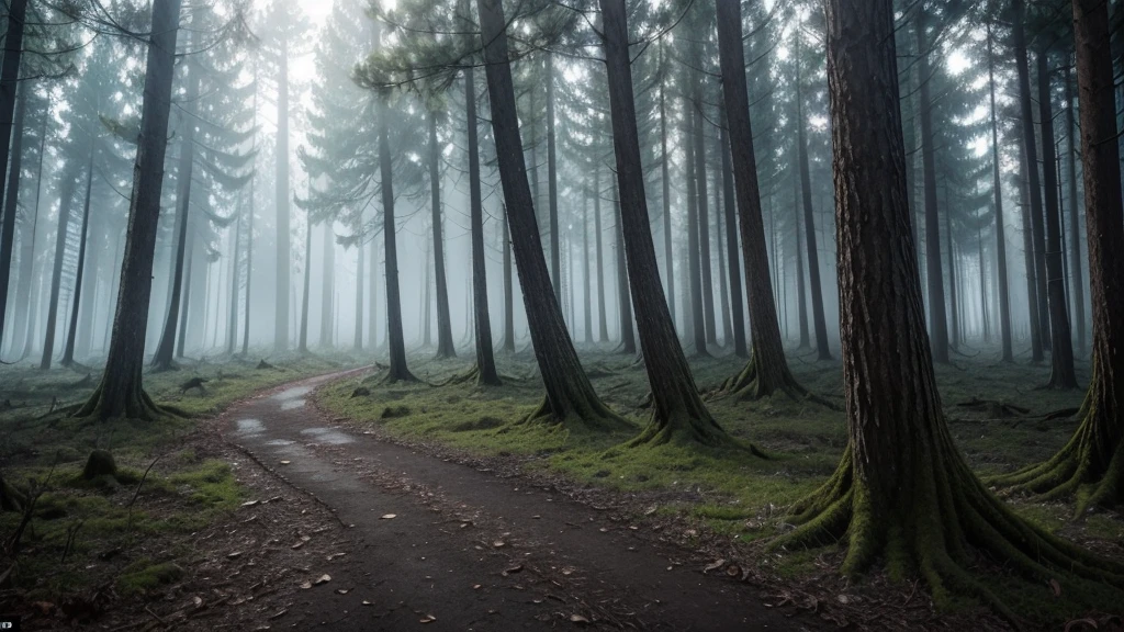 In the deep darkness of the forest, where the sunlight barely dared to penetrate, stood the black trees like sinister sentinels. Their twisted trunks intertwined in a macabre dance, supporting canopies that seemed to absorb all surrounding light. The air was thick with a dense, whitish fog that snaked along the ground like ritualistic incense smoke.

Beneath the trees' feet, roots twisted like petrified serpents, some emerging from the earth like grasping claws. No bird sang there, no animal dared to venture. Only an oppressive silence reigned, broken only by the occasional snap of dry branches or the whisper of dead leaves covering the ground.

There was something supernatural about that forest, an ancient and malevolent energy that seemed to pervade every inch of land. In the shadowy clearings between the trees, arcane symbols were inscribed in ancient runes, faintly glowing as if marked by the touch of long-forgotten mystical entities. In the pale light of the moon, shadows moved shapelessly, suggesting presences that could not be clearly seen but whose presence was felt with disturbing intensity.

The vegetation was strangely twisted, with leaves of a sickly green and flowers that seemed more pale than alive. In certain places, stagnant pools reflected the night sky like broken mirrors, distorting reality itself around them.

In that dark and lifeless place, the laws of nature seemed distorted by the magic of forgotten times, leaving a sense that each shadow could concea