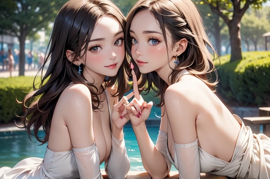 NSFW,(Natural finger shape:1.5),4K,masterpiece,((Focus on the face)),((Symmetrical facial features)),Eye for detailed depiction,Beautiful woman,Excellent style,Beautiful feet,(Small Ass,Thin thighs),Facial detailing,Small earrings,((topless、pants)),A park with lush greenery in the early morning,(Two people intertwined),blue blonde,Close-up photo of the upper body,Two women lesbian play