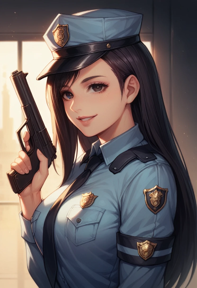  1 girl, police, adult, Resident Evil style, sexy police officer in uniform, evening, soft light, face detail, tender face, long black hair, clear skin, with light pink lips, with gun in hand, smiling, big black eyes, looking at the viewer --realistic style-imagine -    