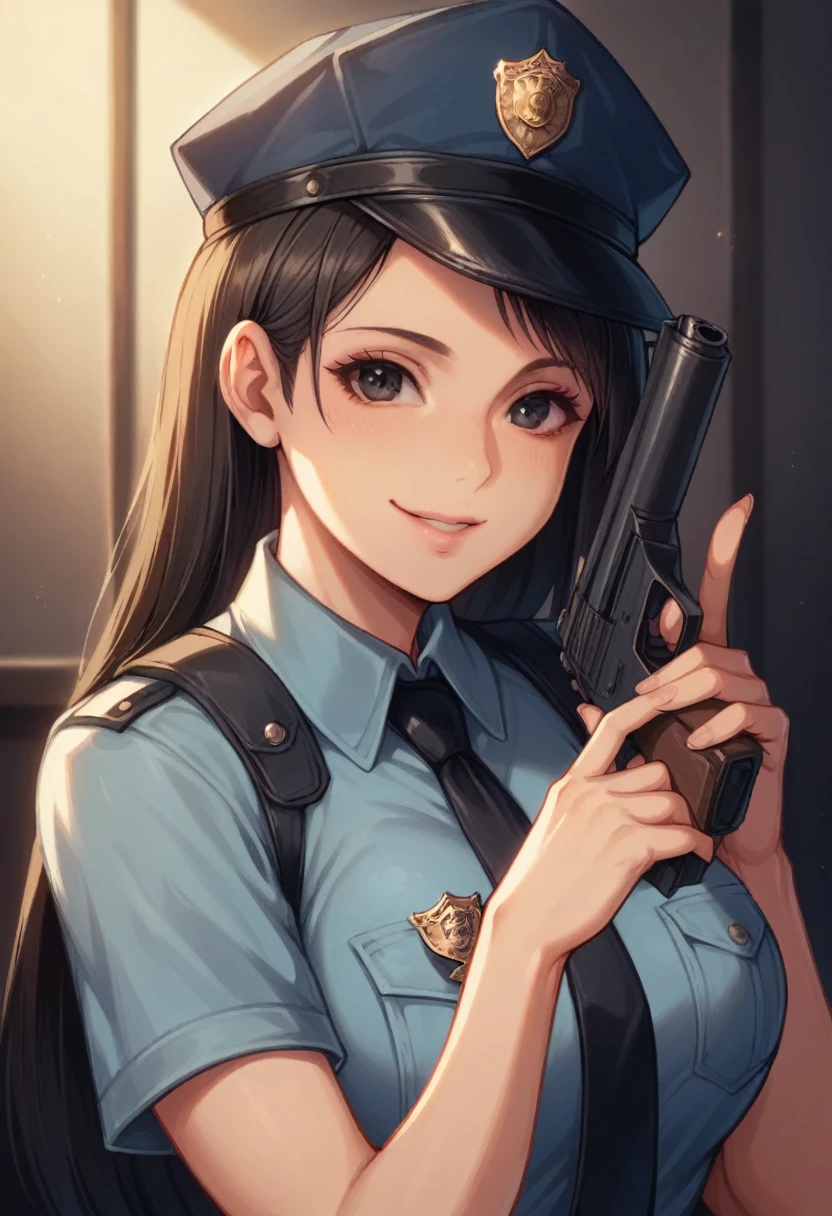 1 girl, police, adult, Resident Evil style, sexy police officer in uniform, evening, soft light, face detail, tender face, long black hair, clear skin, with light pink lips, with gun in hand, smiling, big black eyes, looking at the viewer --realistic style-imagine -