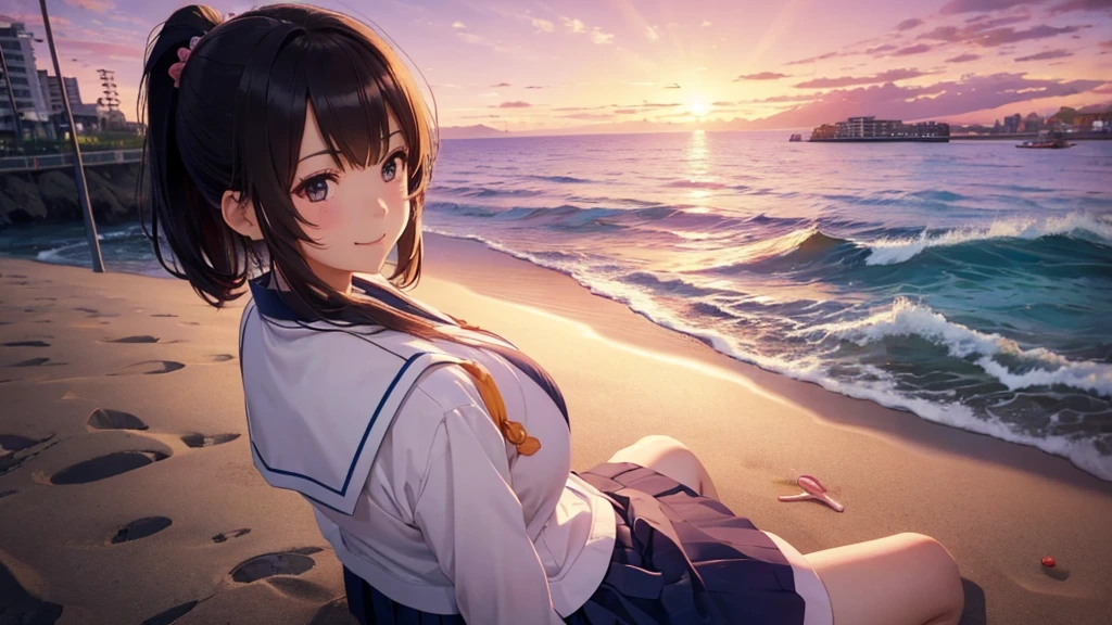 Highest quality、High resolution、Detailed Background、(Beautiful face in every detail:1.5)、Teenage Girl、(Huge breasts:1.2)、Light-colored hair、cute髪型、Bobcut、ponytail、well-groomed eyebrows、Perfect body line、cute仕草、Navy blue sailor suit、White sailor collar、Pleated mini skirt、cuteスクールカーディガン、White Stockings、A big smile、smile、
(A coastline dyed in the sunset and five girls looking back from the beach:1.5)、
Spend some time at the beach watching the sunset、Feel the end of summer as you feel the sea breeze and the sound of the waves.、Before the sun sets, the sky takes on a sunset-like appearance.、At first, bright orange and pink gradually painted the sky.々It will turn reddish.、As the sun sets, the colors become more vibrant and the surrounding scenery is beautifully colored.、
Place the main motif in the center、Leave space on both sides、Add color contrast、Bright center and soft sides、Pay attention to the movement of the lines、A deep composition、Leave some headroom、cute