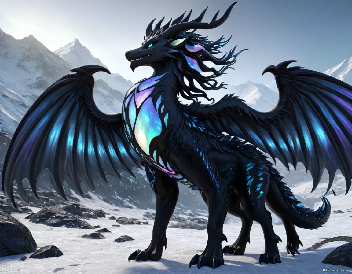 full body portrait of a realistic feminine obsidian dragon, black ral-opal wings, white opal eyes, wolf head, huge, long body, wings, many horns, horns, antlers, twisting horns, curled horns, wolf shaped head, opalescent scales, white eyes, mysterious mountain scenery, full body, cinematic, render, 8k, unreal engine, realistic, masterpiece, high detail, full body, low life, extremely intricate, extreme detail, volumetric lighting