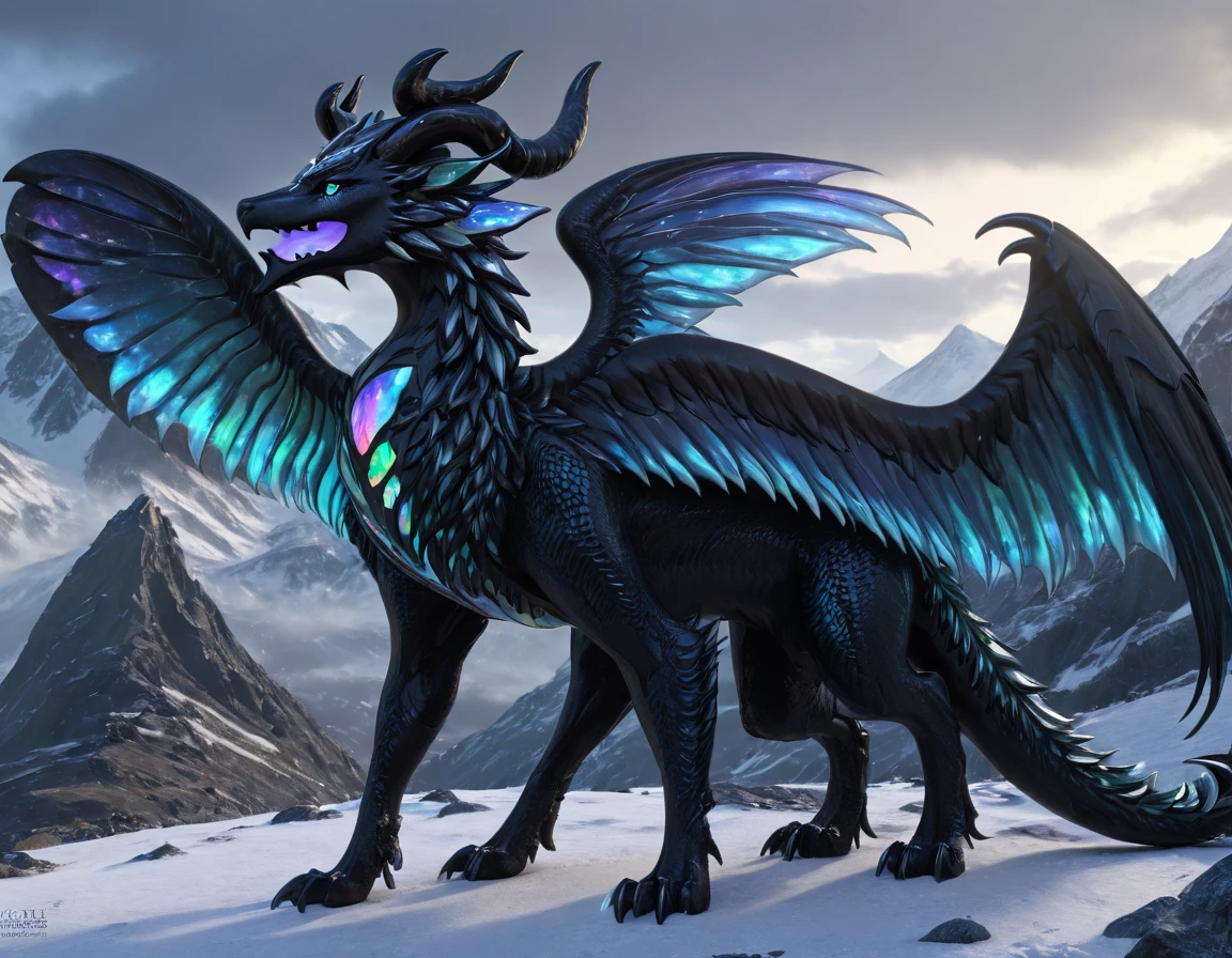 full body portrait of a realistic feminine obsidian dragon, black ral-opal wings, white opal eyes, wolf head, huge, long body, wings, many horns, horns, antlers, twisting horns, curled horns, wolf shaped head, opalescent scales, white eyes, mysterious mountain scenery, full body, cinematic, render, 8k, unreal engine, realistic, masterpiece, high detail, full body, low life, extremely intricate, extreme detail, volumetric lighting