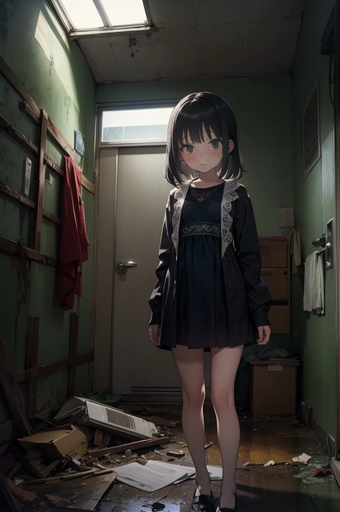 Girls under 8 years old, Height under 100, dress, Small breasts, Patterned cotton panties, Fabric Real, Long black hair, No jacket, Abandoned Hospital